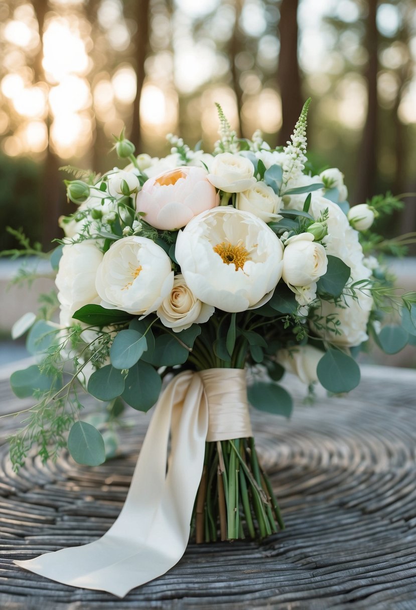 A vintage-inspired bridal bouquet with cascading white roses, peonies, and delicate greenery, tied with a silk ribbon