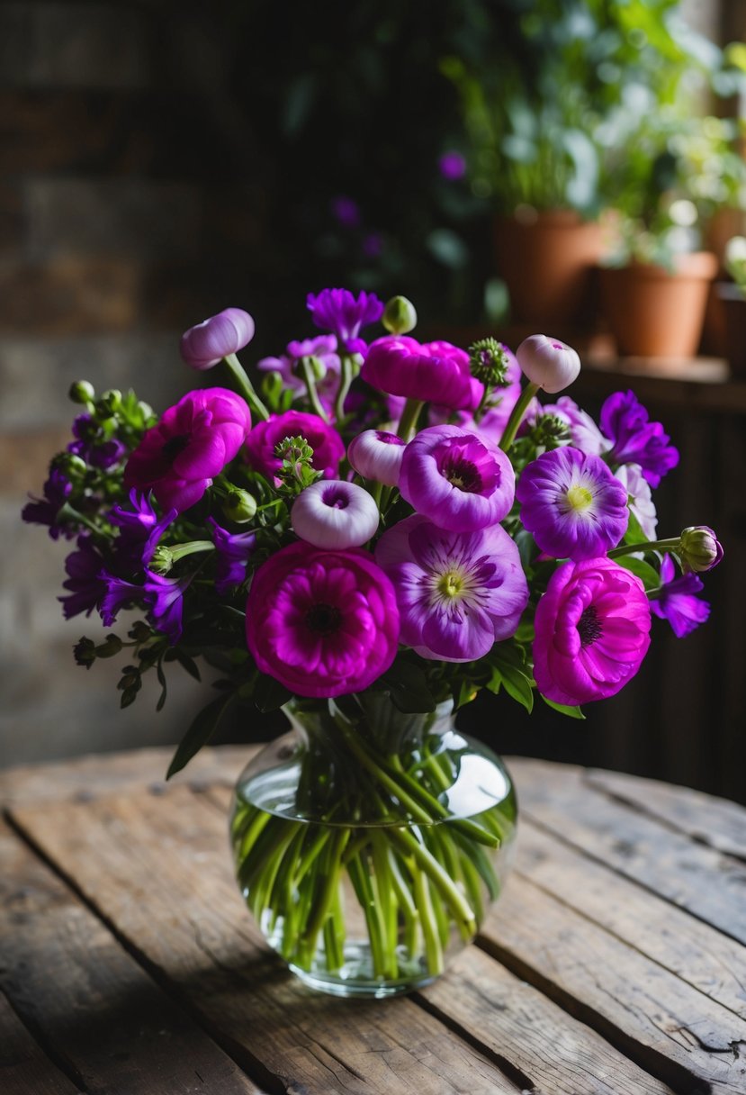 A vibrant bouquet of violet ranunculus and lisianthus arranged in a glass vase on a rustic wooden table