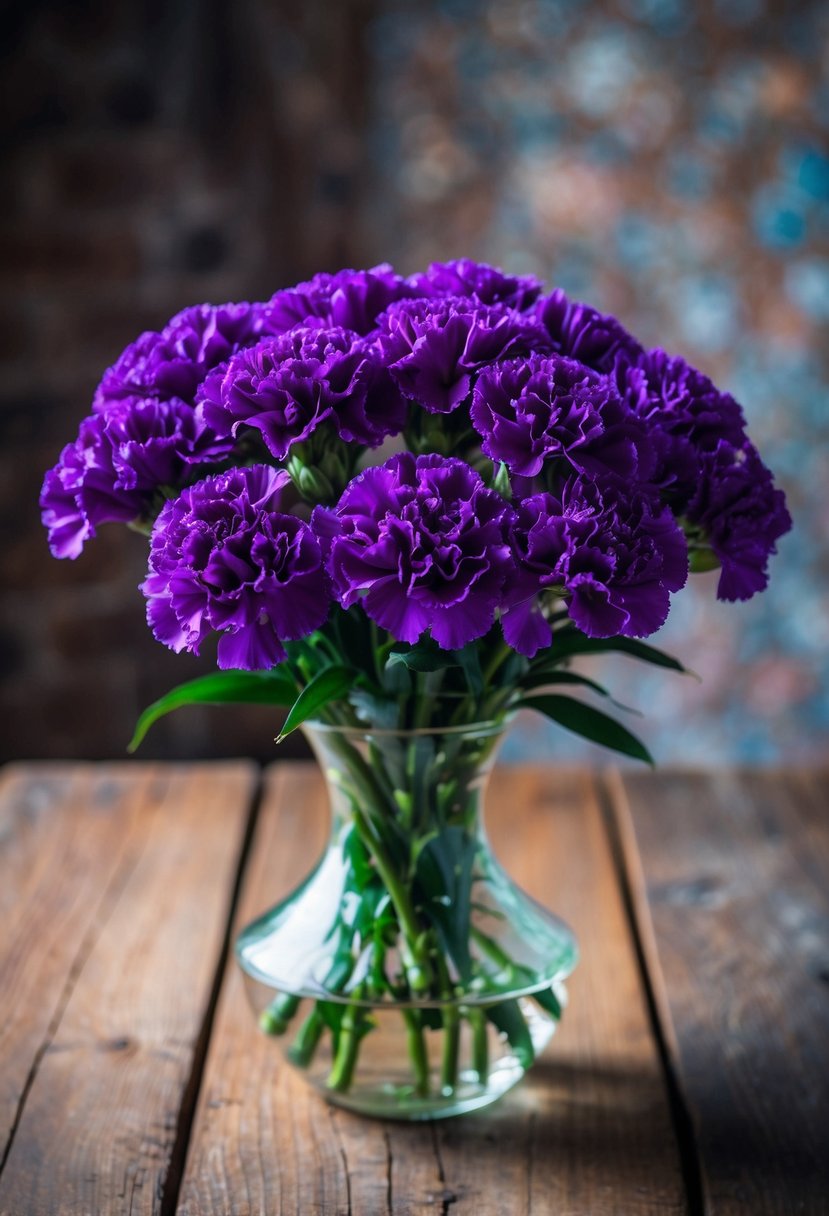 A vibrant bouquet of purple carnations in a glass vase on a rustic wooden table