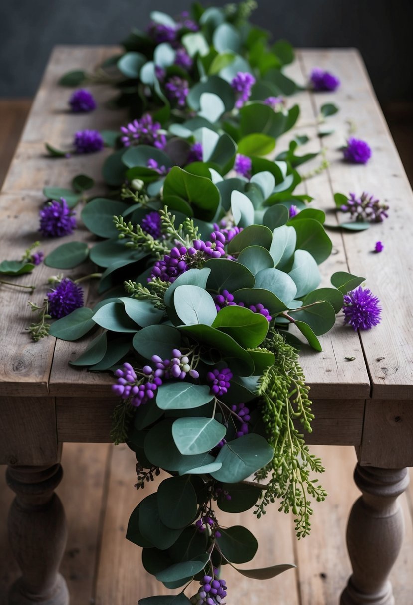 A lush garland of purple and green eucalyptus draped over a rustic wooden table, with scattered violet flowers and foliage