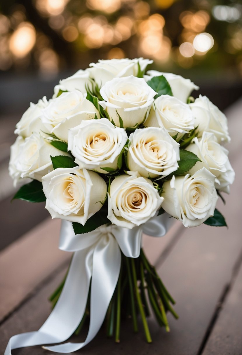 A vintage-inspired white rose bouquet tied with satin ribbon