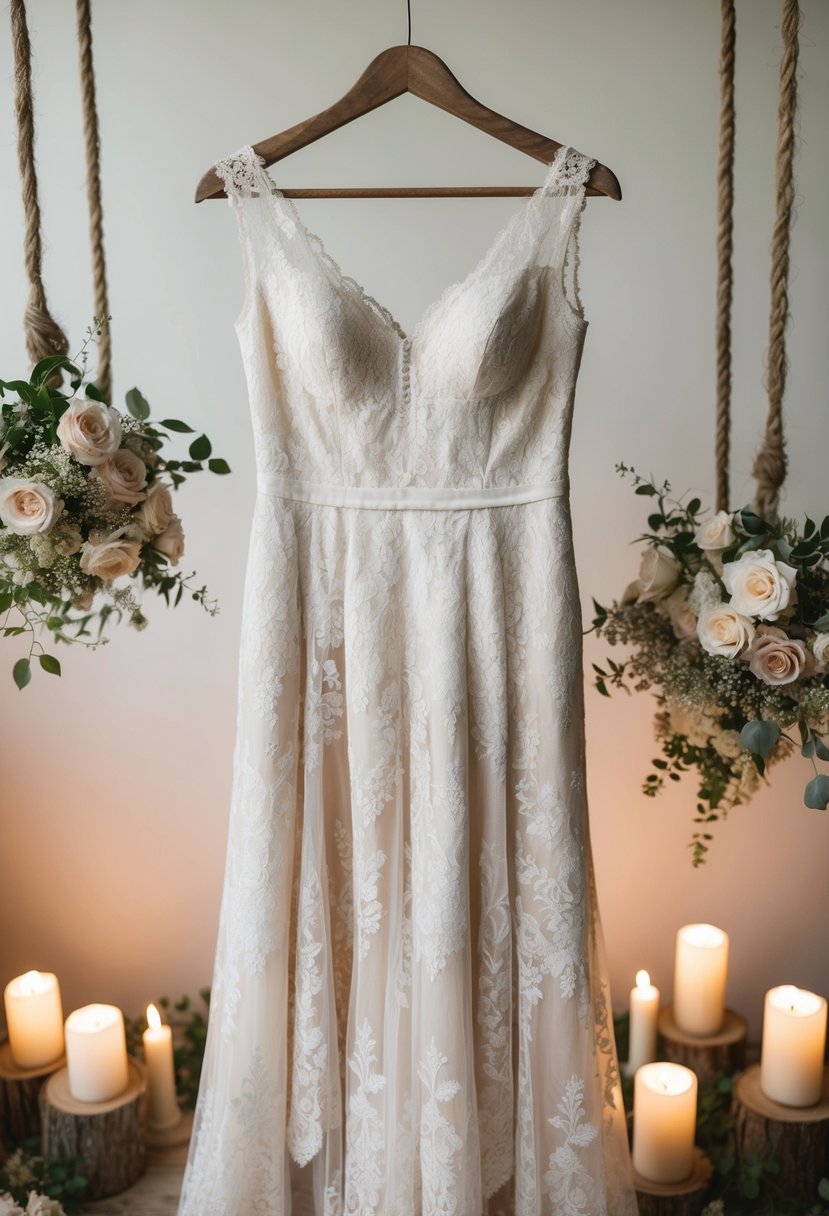 A vintage lace wedding dress hangs on a rustic wooden hanger, surrounded by delicate floral bouquets and soft candlelight