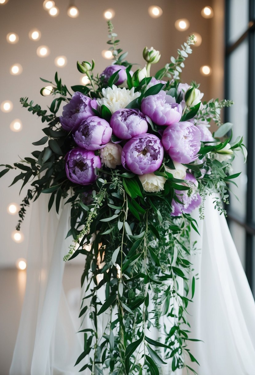 A cascading bouquet of violet peonies with greenery and ivory accents