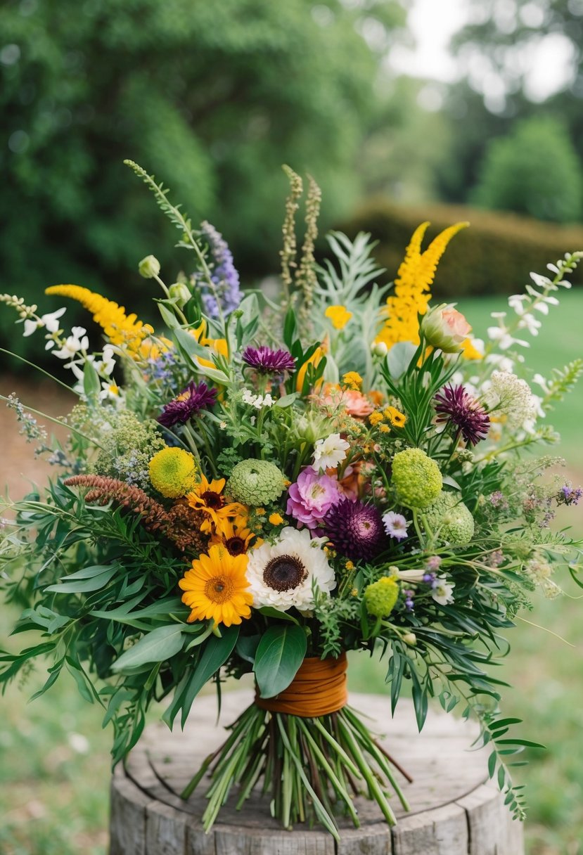 A vibrant, free-spirited bouquet of wildflowers and greenery arranged in a bohemian style, evoking the carefree and romantic atmosphere of a 1920s wedding