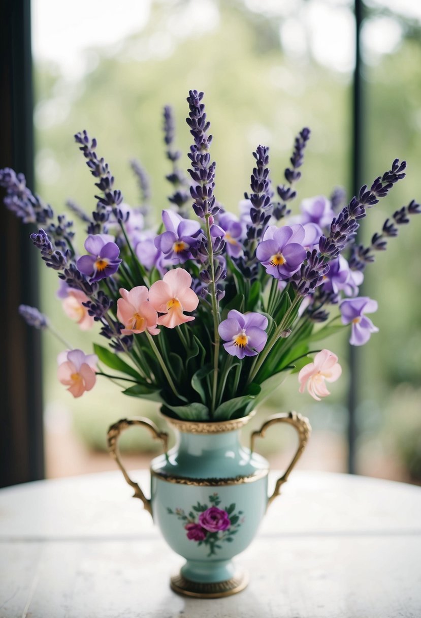 A delicate bouquet of lavender and blush touch violets arranged in a vintage-inspired vase