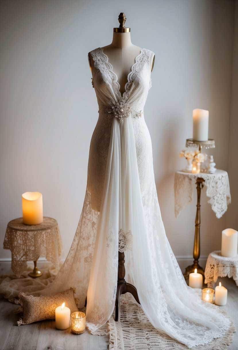 A delicate lace wedding dress draped over a vintage mannequin, surrounded by soft candlelight and antique lace accessories