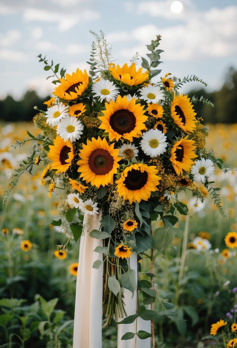 A cascading bouquet of sunflowers, daisies, and wildflowers in a rustic, 1920s-inspired arrangement