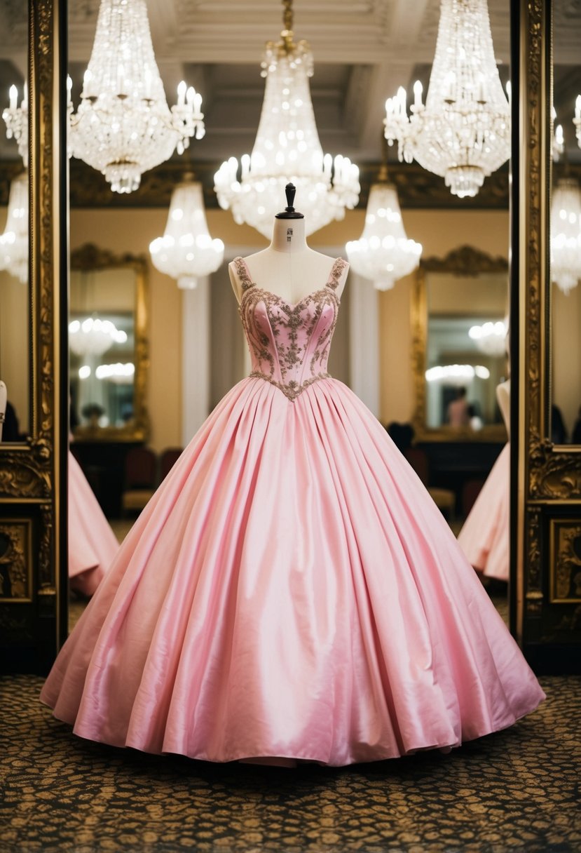 A grand ballroom with a vintage pink ballgown displayed on a mannequin, surrounded by ornate mirrors and chandeliers