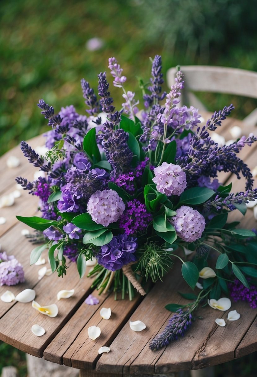 A rustic wooden table adorned with a lush bouquet of lavender and violet flowers, surrounded by scattered petals and greenery