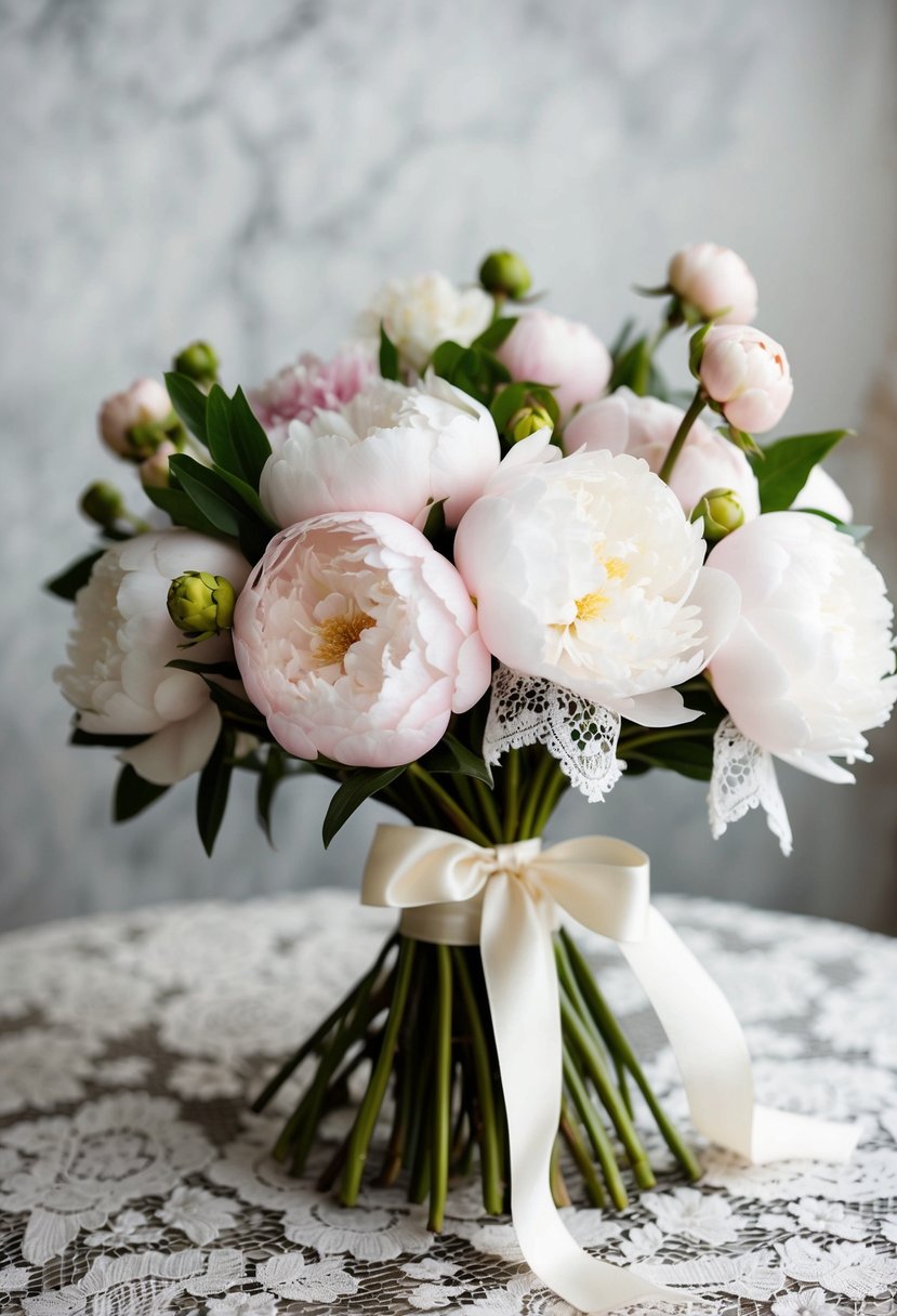 A delicate bouquet of peonies and lace, tied with a satin ribbon, sits on a vintage lace tablecloth