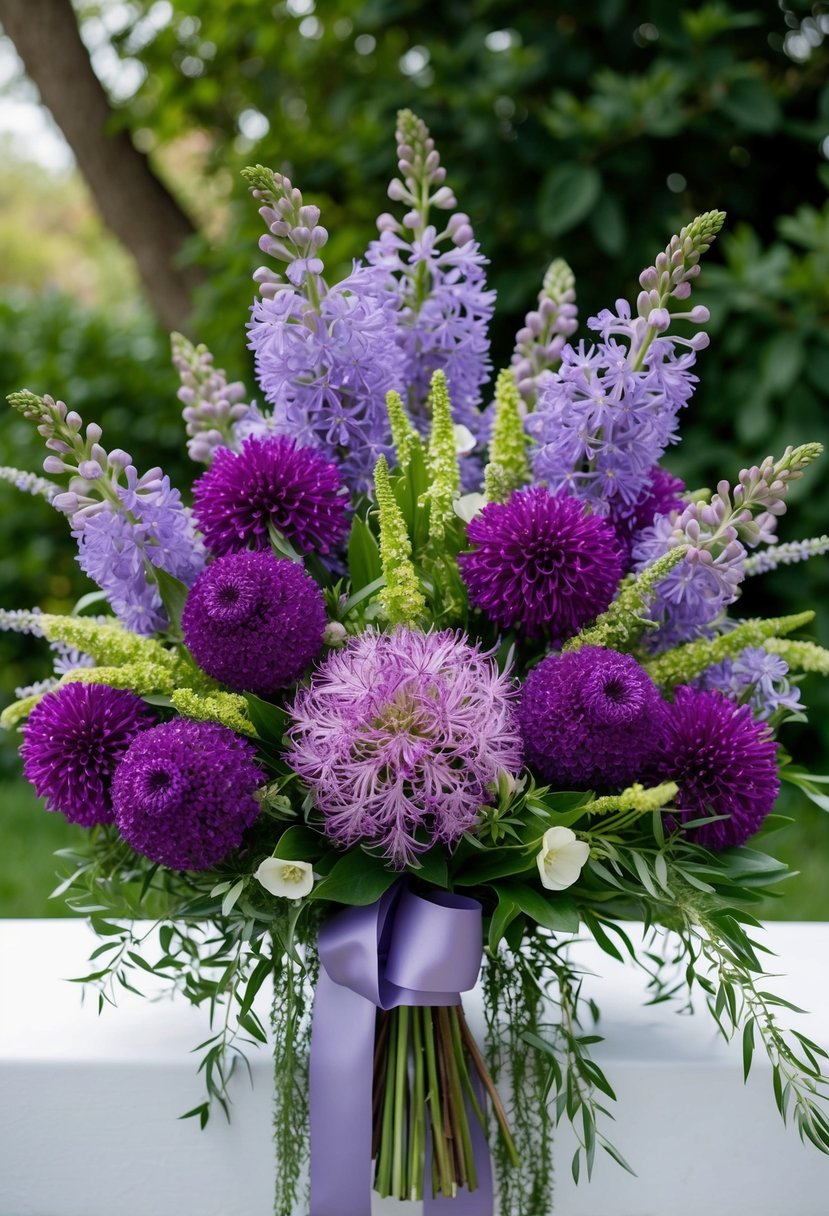 A lush bouquet of vibrant violet allium and delphinium flowers arranged in perfect harmony, with delicate greenery and cascading ribbons