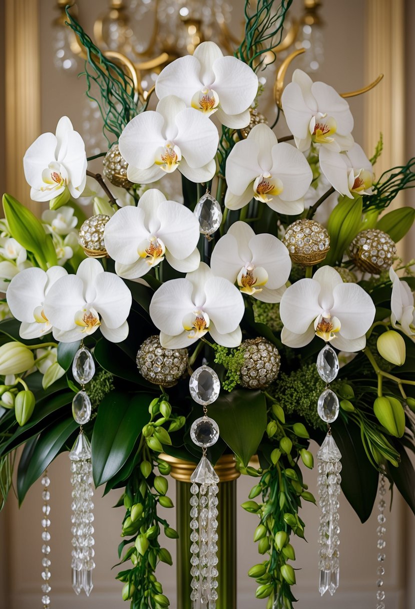 A lavish bouquet of orchids and crystals, arranged in a 1920s style with cascading greenery and opulent details