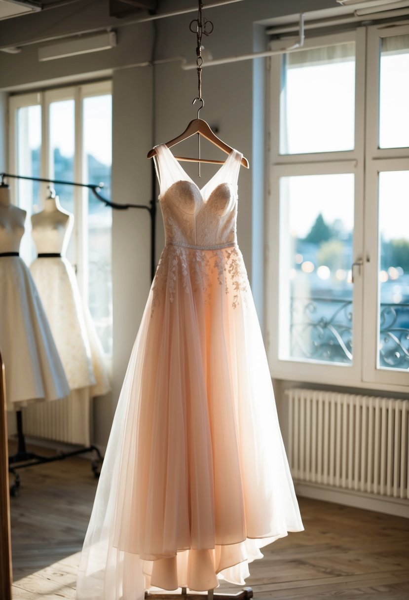 A chic blush wedding dress hanging on a vintage mannequin in a sunlit atelier