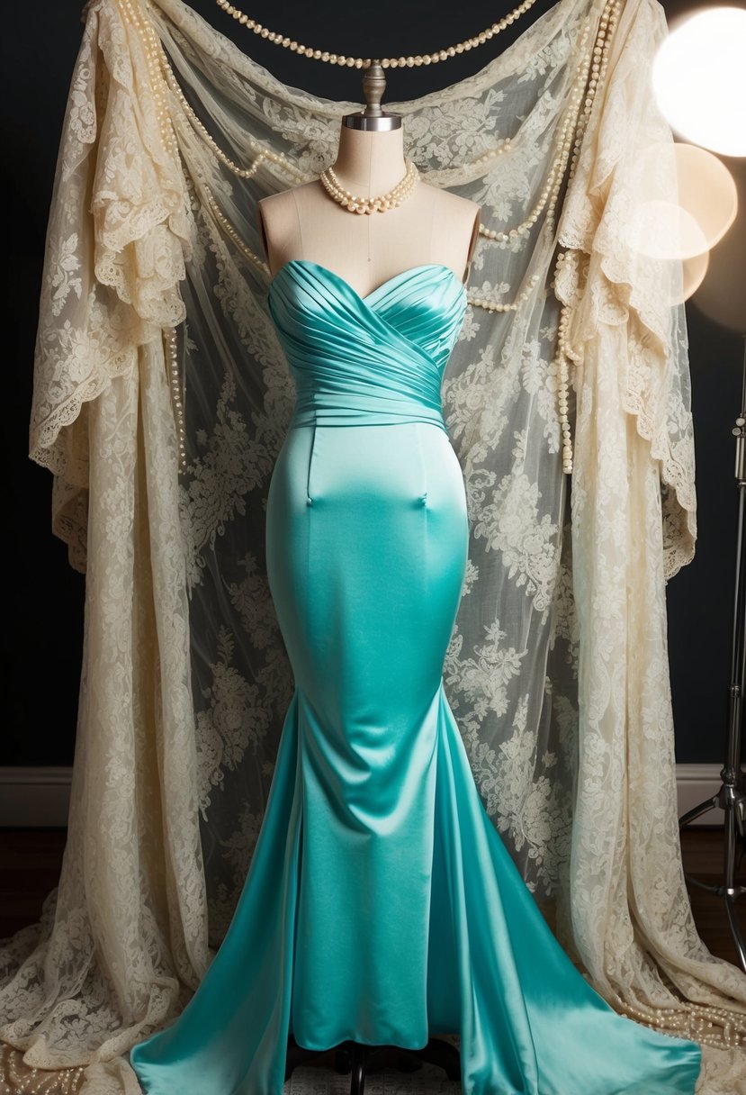 A vintage mermaid gown draped over a mannequin, surrounded by antique lace and pearls, with soft lighting casting an ethereal glow