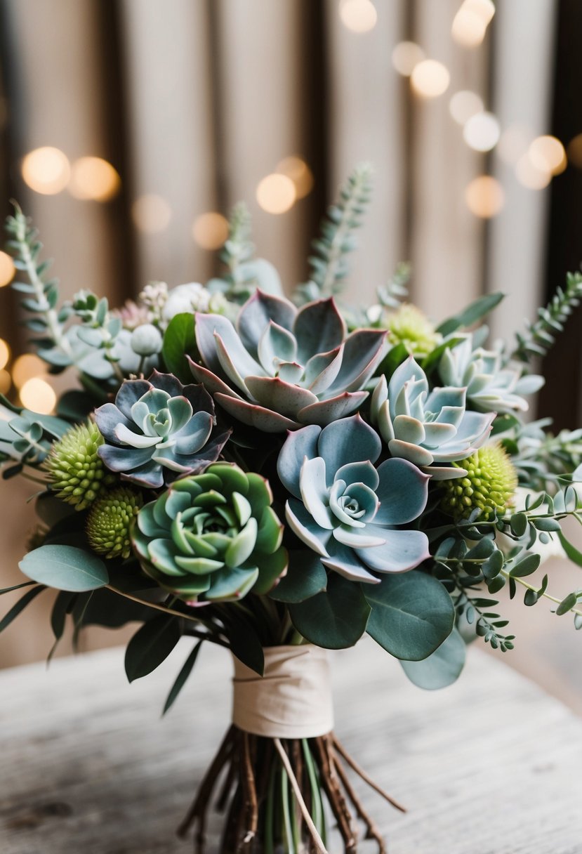 A vintage-inspired bridal bouquet featuring a mix of succulents and eucalyptus, with a 1920s aesthetic