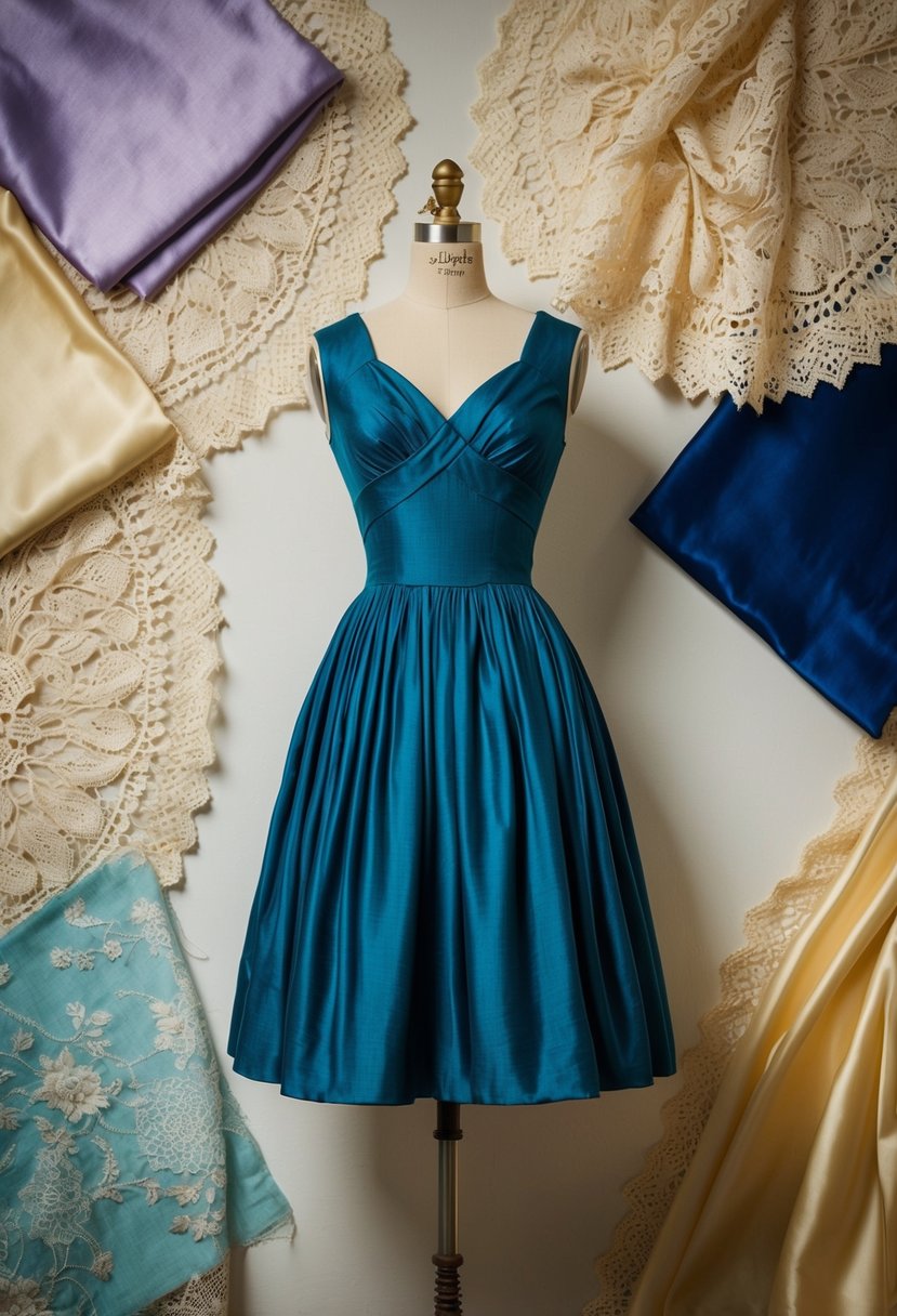 A vintage drop-waist dress hangs on a mannequin, surrounded by lace and silk fabric swatches