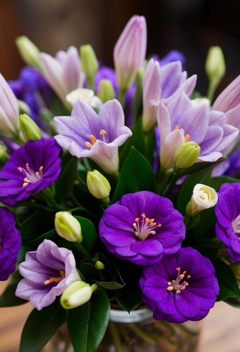 A fragrant bouquet of violet freesias with delicate wax flower accents