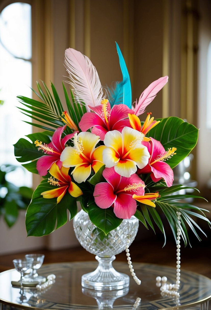 A vibrant bouquet of tropical hibiscus, frangipani, and palm leaves, accented with pearls and feathers, sits in a crystal vase on a 1920s art deco table