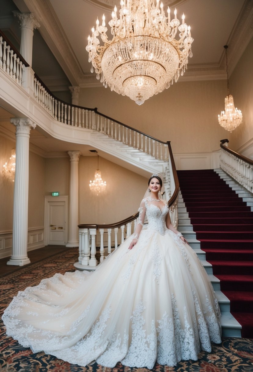 A grand ballroom with ornate chandeliers and a sweeping staircase. A cascading, ethereal ball gown adorned with delicate lace and shimmering jewels