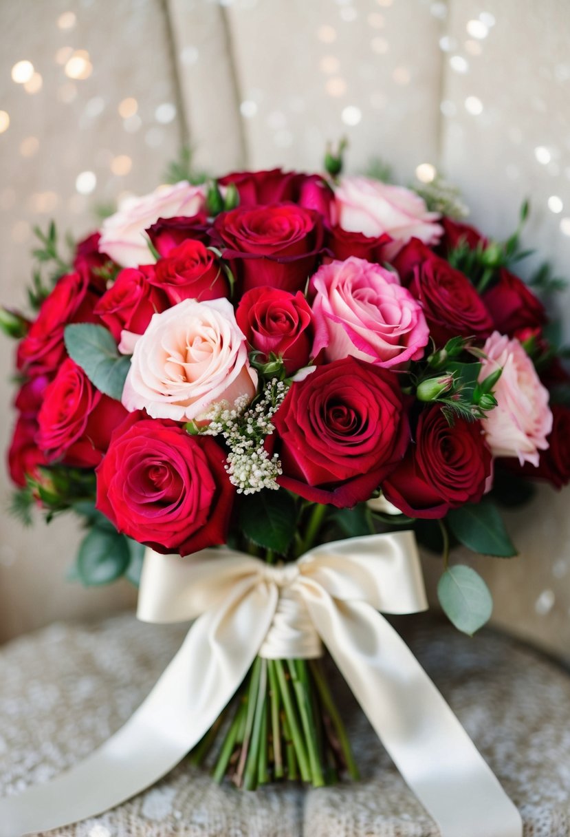 A vintage-inspired bridal bouquet filled with lush red and pink roses, tied with a satin ribbon