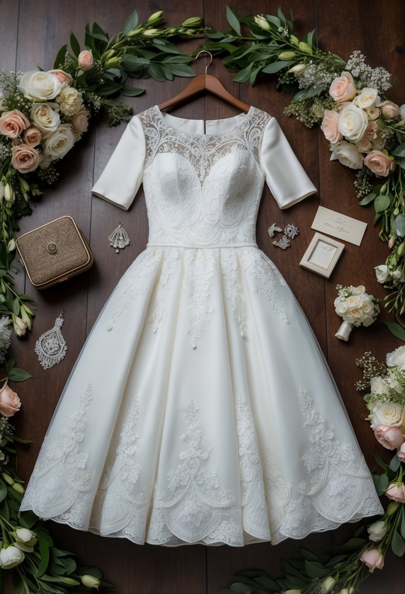 A knee-length dress with intricate lace and elegant details, surrounded by vintage wedding accessories and floral arrangements