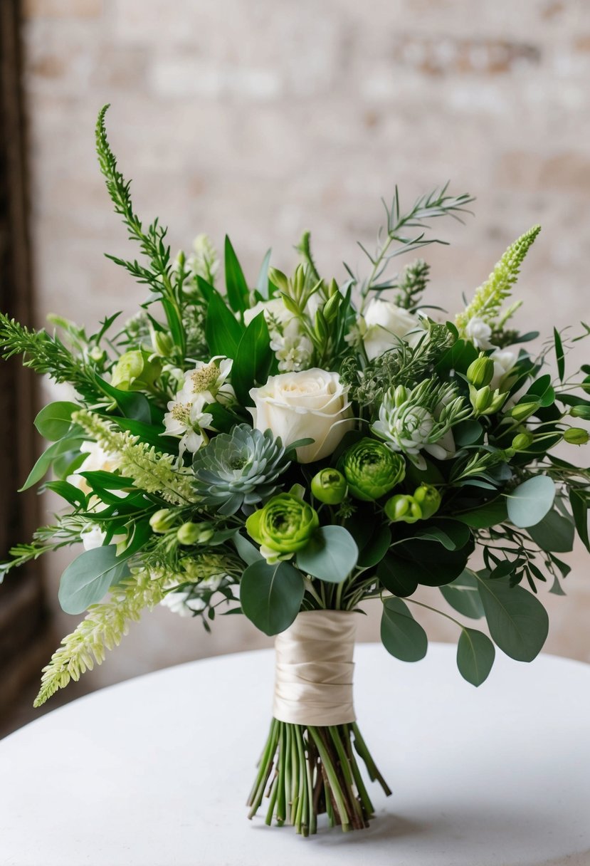 A vintage-inspired bridal bouquet featuring a mix of greenery and eco-friendly flowers, reminiscent of the 1920s era