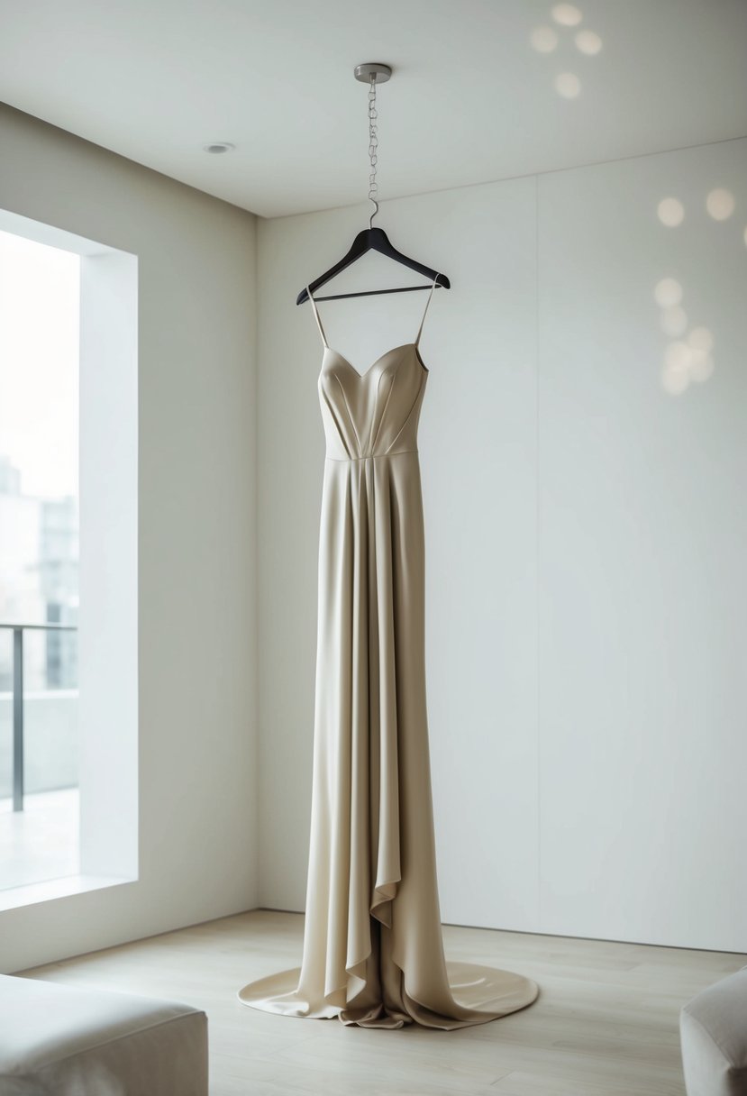 A simple, flowing silk gown hangs on a sleek modern hanger in a softly lit, minimalist room