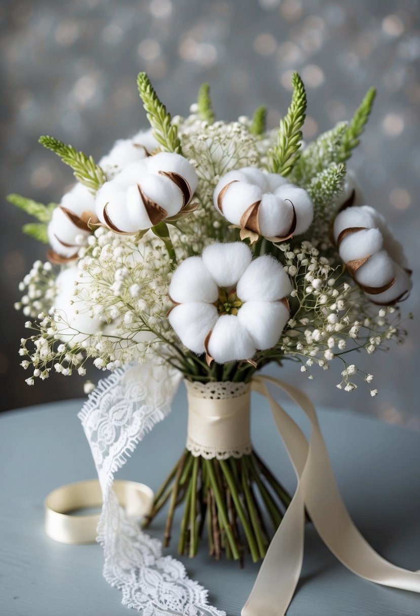 A bouquet of whimsical cotton and delicate baby's breath arranged in a 1920s style, with vintage lace and ribbon accents