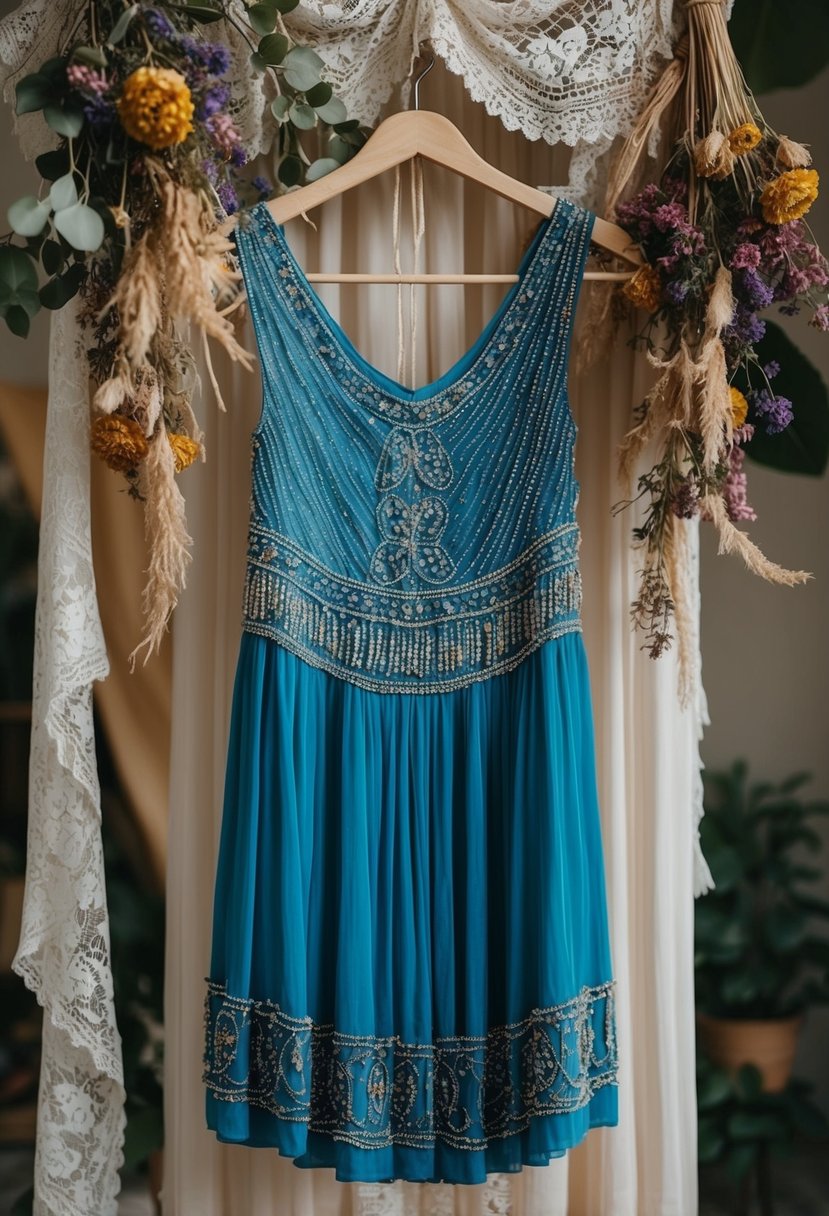 A vintage bohemian beaded dress hanging on a mannequin, surrounded by dried flowers and lace