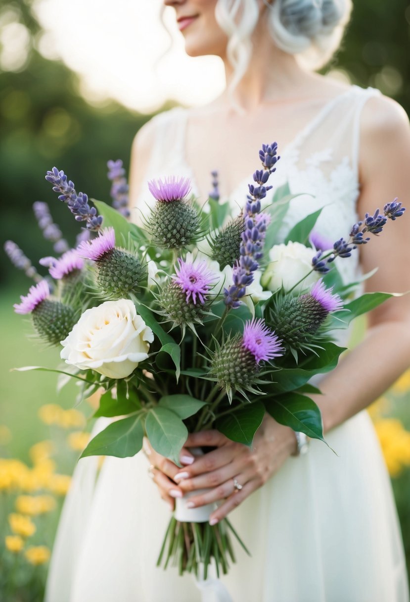 A vintage-inspired bridal bouquet featuring summer lavender and thistle, with a 1920s aesthetic