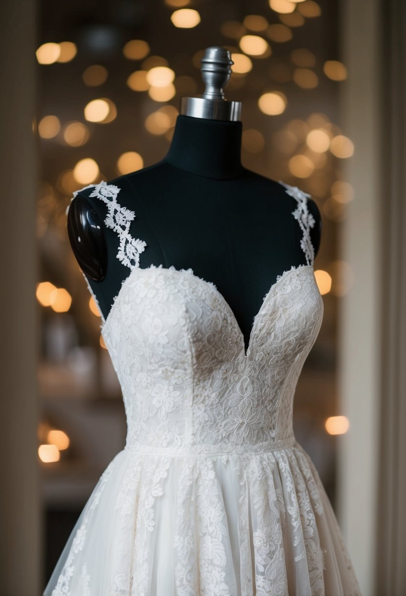 A vintage lace wedding dress hangs on a mannequin, showcasing its sweetheart neckline and delicate details