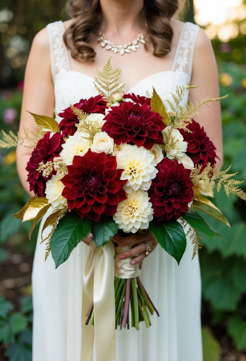 A vintage-inspired bridal bouquet with deep red dahlias, golden leaves, and delicate cream blooms, tied with a silk ribbon