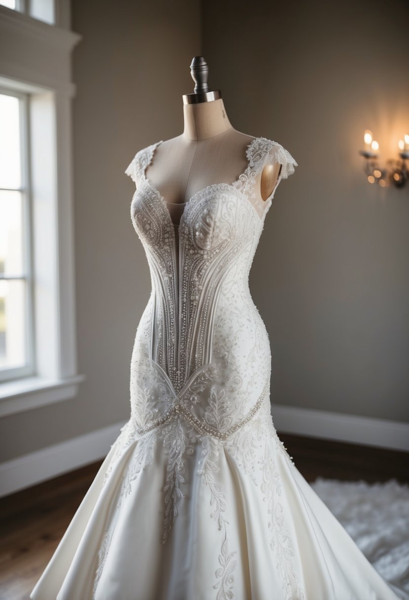 A sleek, modern corseted wedding dress with intricate lace details, adorned with delicate beading and a flowing train