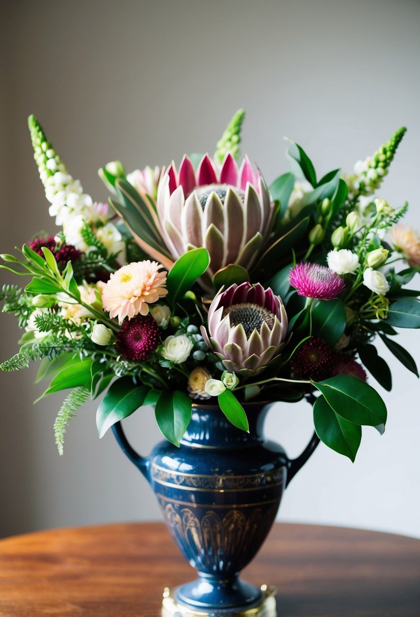 A modern protea bridal bouquet with 1920s-inspired flowers in a vintage vase