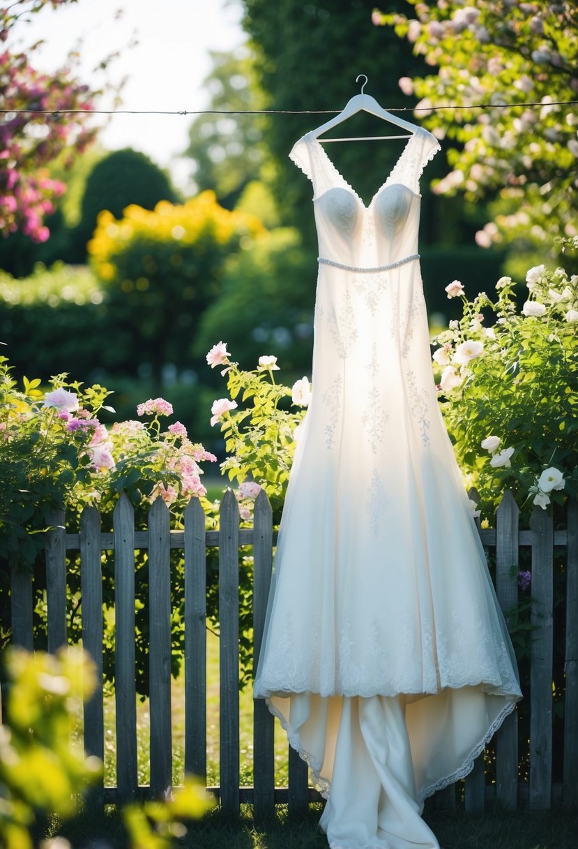 A vintage wedding dress draped over a garden fence, surrounded by blooming flowers and dappled sunlight