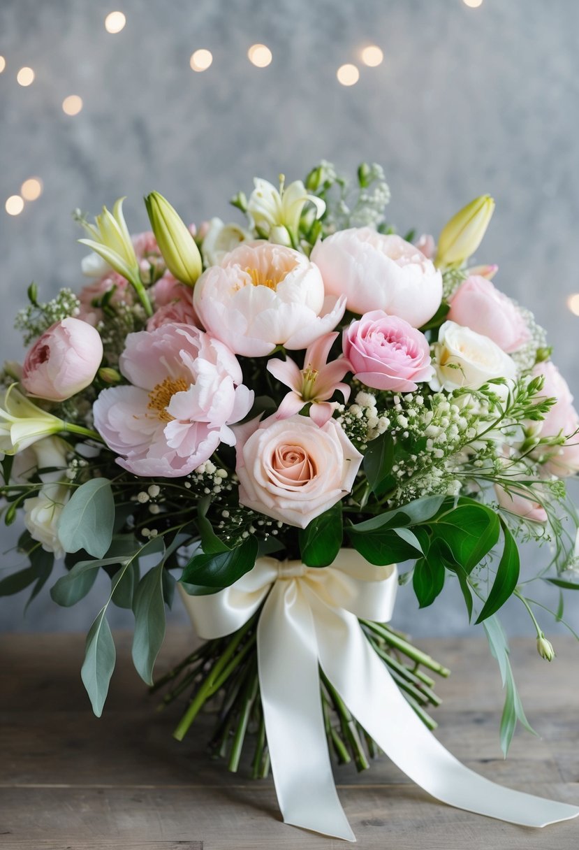 A lush bouquet of pastel peonies, roses, and lilies tied with a satin ribbon, nestled among delicate greenery and baby's breath