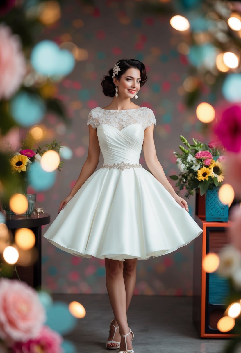 A bride in a 90s short wedding dress, surrounded by retro decor and flowers