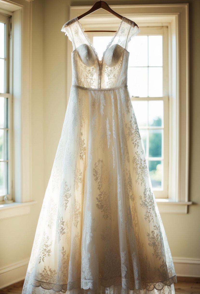 A vintage lace wedding dress hanging in a sunlit room with soft pastel colors