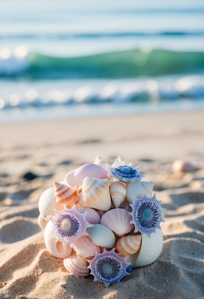 A bouquet of pastel seashells and anemones arranged on a sandy beach with gentle waves in the background