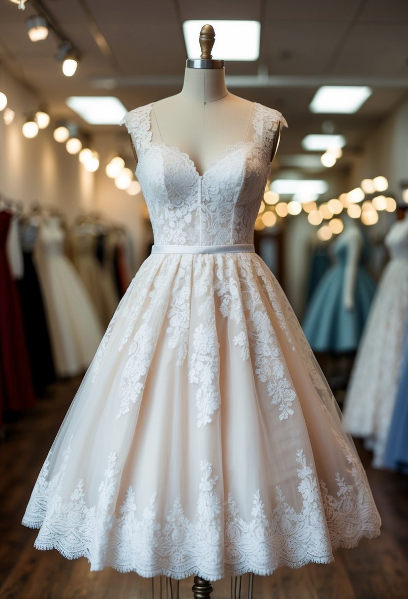 A lace tea-length wedding dress displayed on a vintage mannequin