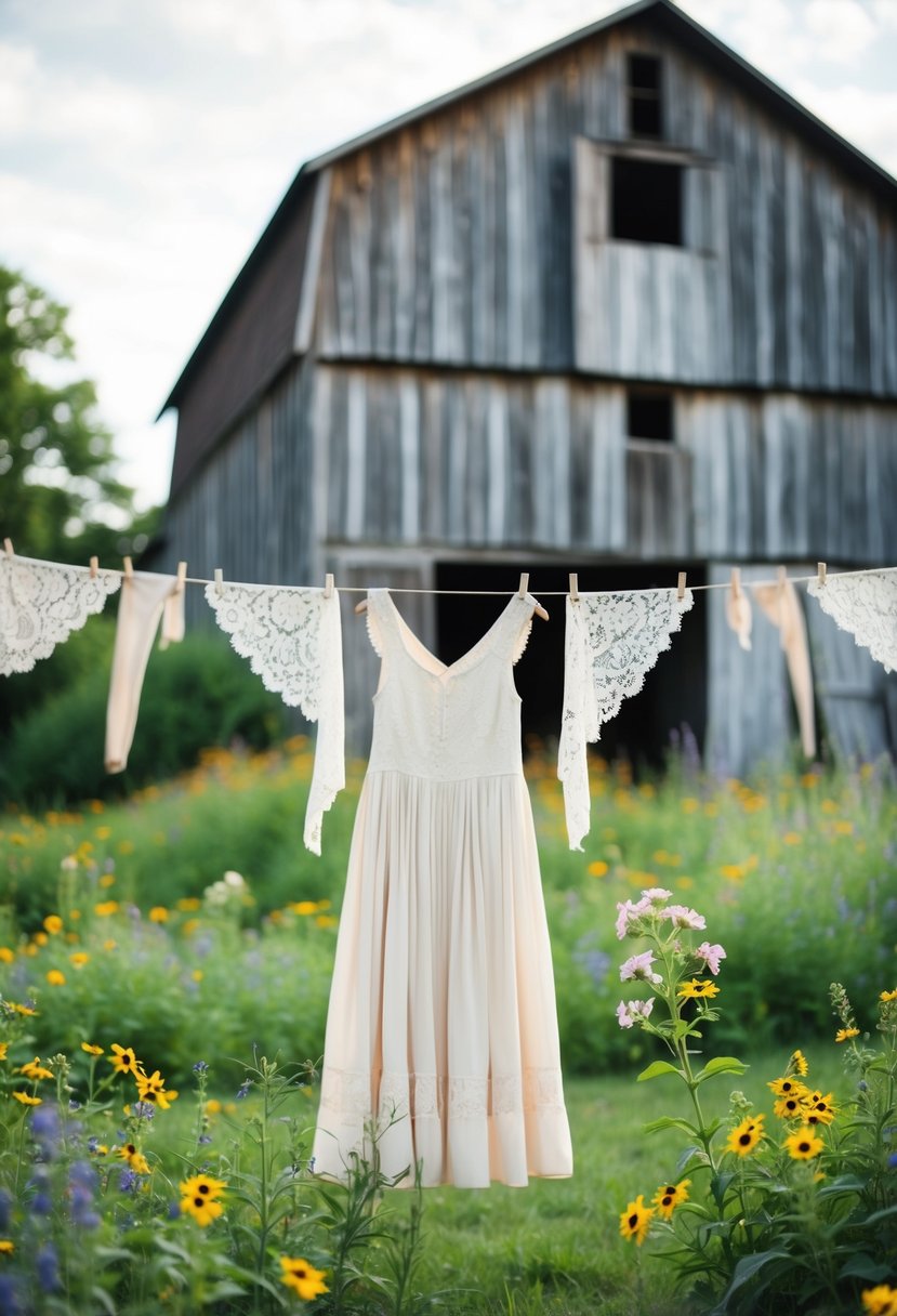 A weathered wooden barn with wildflowers and lace draped over a vintage dress on a clothesline