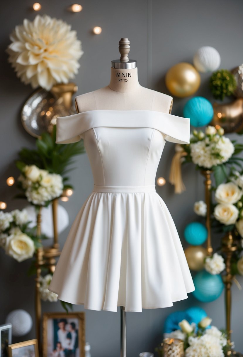 A mannequin wearing a white off-shoulder mini dress, surrounded by vintage 90s wedding decor