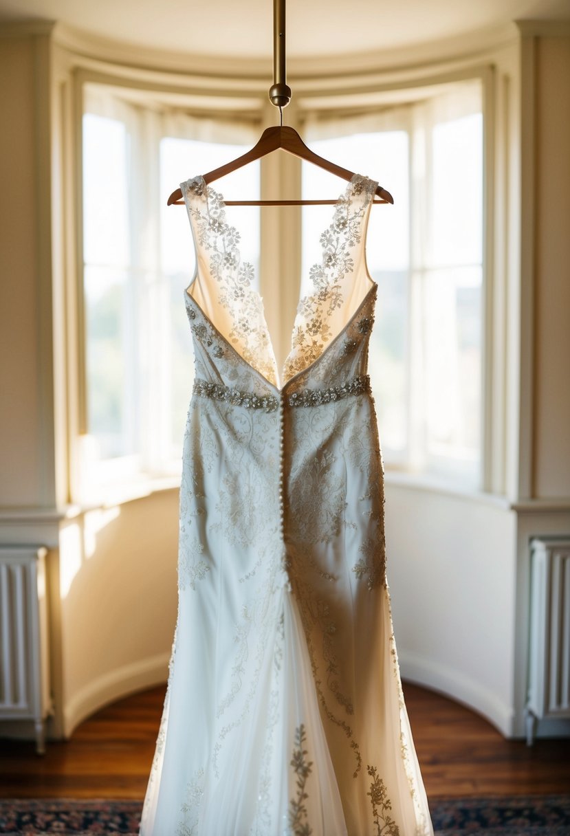 A 40-year-old wedding dress with an open-back design, adorned with delicate lace and intricate beadwork, hanging on a vintage dress form in a sunlit room