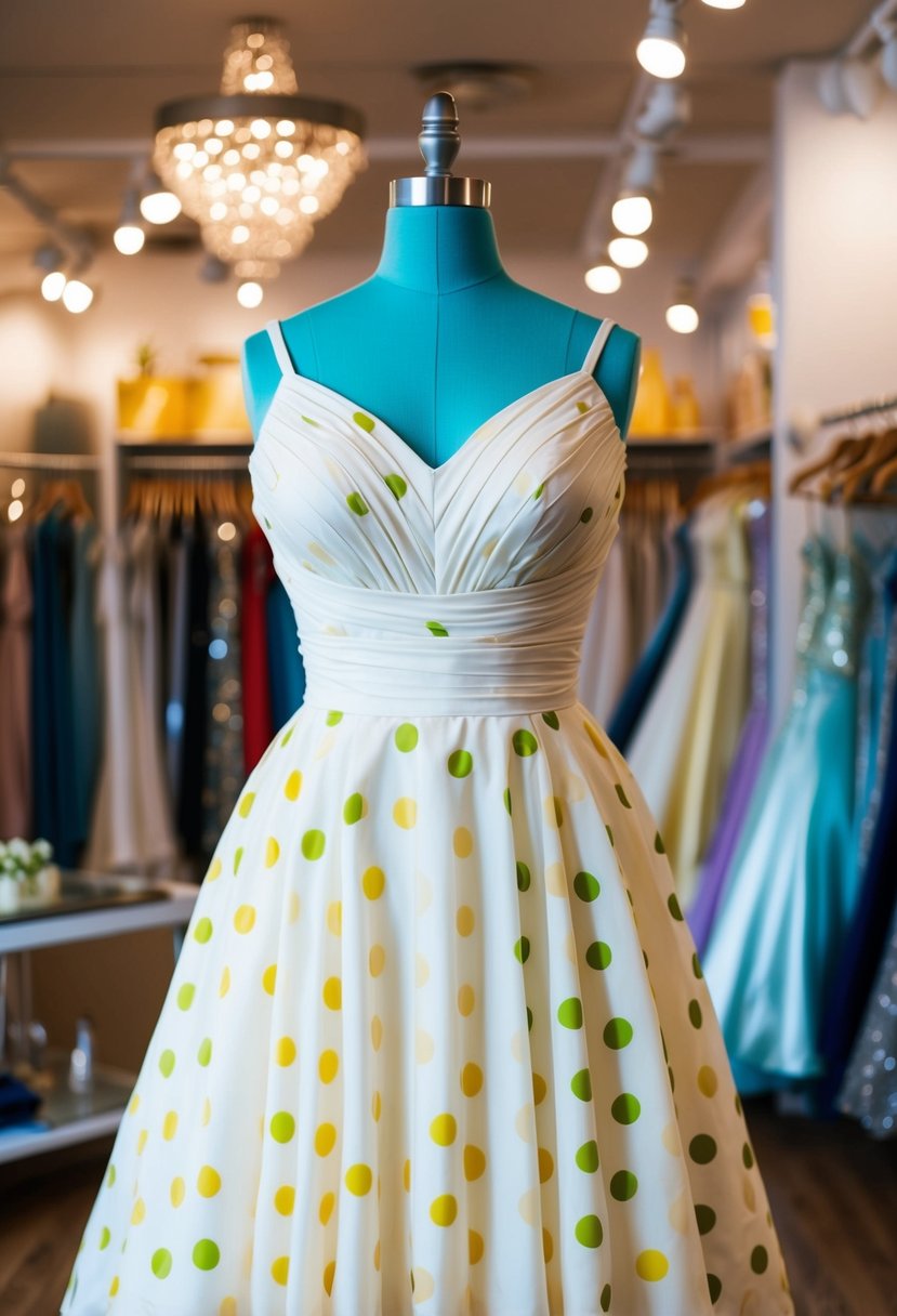 A retro polka dot bridal dress hangs on a mannequin in a 90s-themed bridal boutique