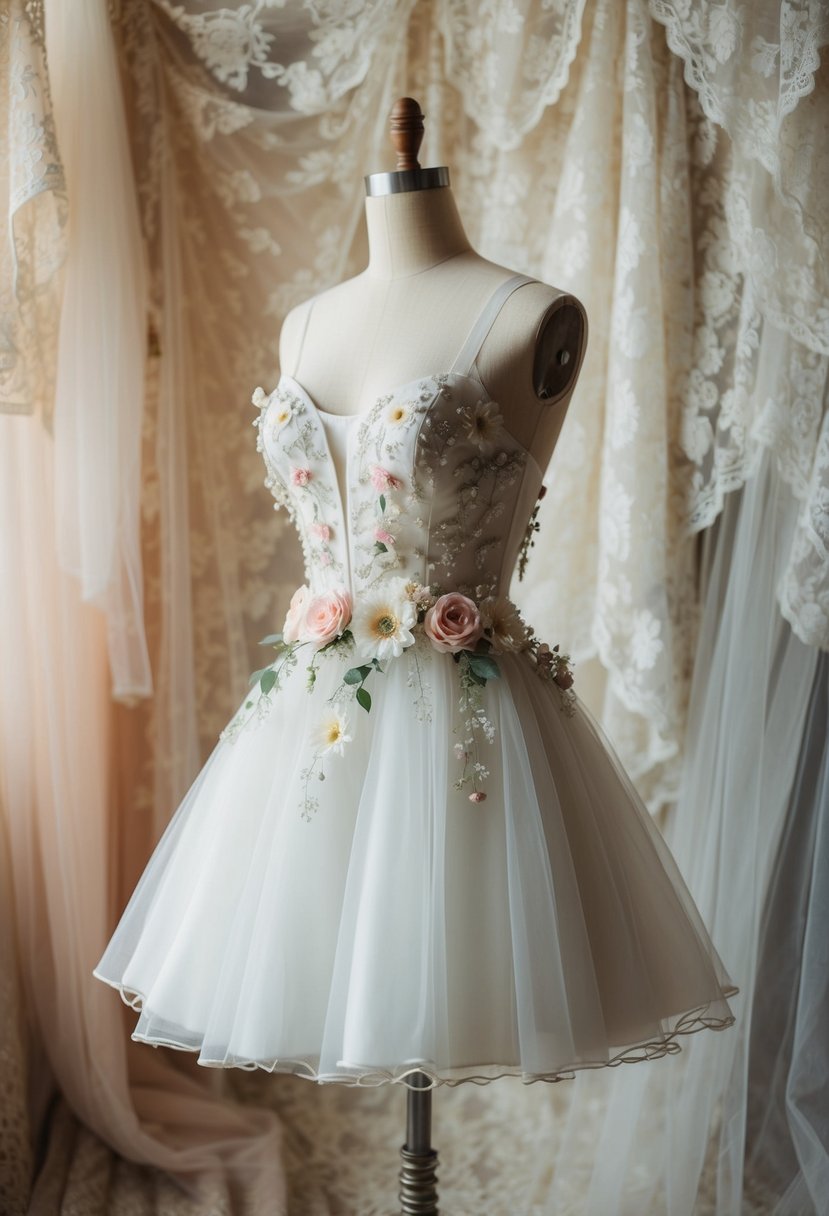 A 90s-style mini wedding dress adorned with floral embellishments, set against a backdrop of vintage lace and delicate tulle