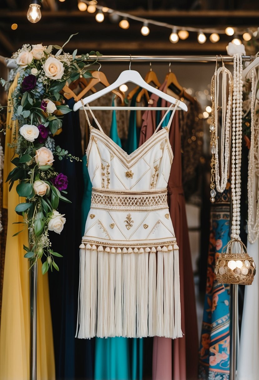 A bohemian fringe short dress hangs on a vintage clothing rack, surrounded by 90s-inspired wedding accessories and decor