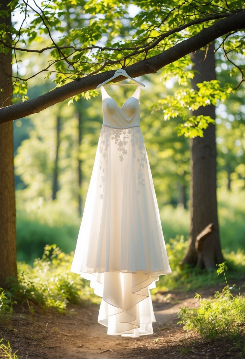 A flowing, ethereal wedding dress hanging from a tree branch in a secluded forest clearing. Sunlight filters through the leaves, casting a soft, romantic glow