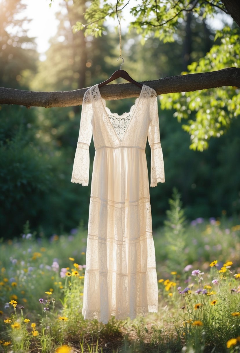 A lace bohemian dress hanging on a tree branch in a secluded forest clearing, surrounded by wildflowers and dappled sunlight