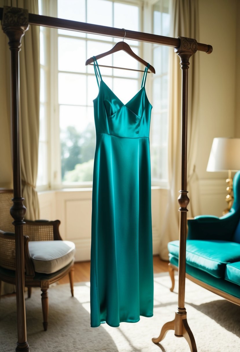 A satin midi slip dress hanging on a vintage coat rack in a sunlit room