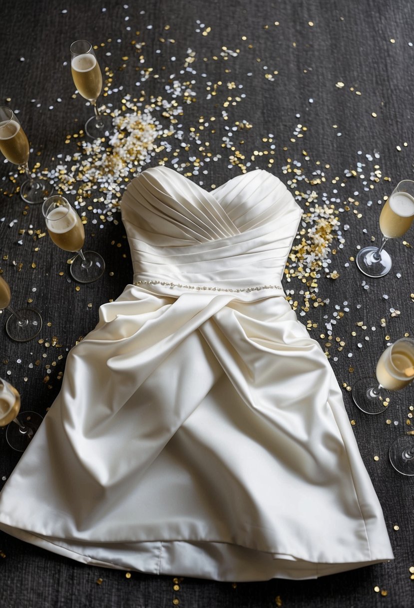 A bride's discarded short wedding dress lies crumpled on the floor, surrounded by empty champagne glasses and scattered confetti